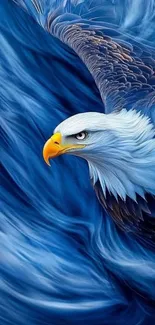 Eagle soaring in a vibrant blue background.