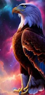 A magnificent eagle perched amidst a vibrant cosmic sky, blending nature and space.