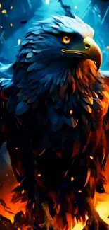 Majestic eagle in fiery fantasy setting, vibrant colors.