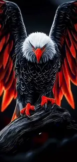 Majestic eagle with fiery red wings perched on a branch.