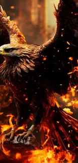 Fiery eagle with flames surrounding it, showcasing power and grace.