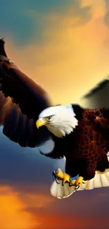 Majestic eagle soaring through a vibrant sunset sky.