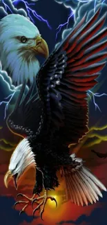 Majestic eagle flying against a stormy sky with lightning.