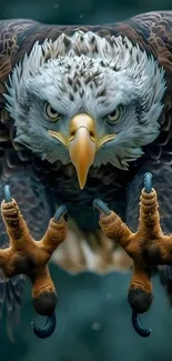 A majestic eagle with extended claws in mid-flight.