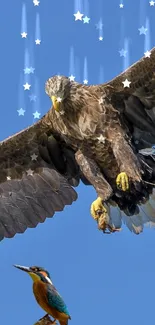 Majestic eagle soaring above in a clear blue sky.