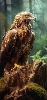 Majestic eagle perched in a lush forest setting, embodying strength and serenity.