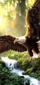 Eagle soaring over a lush forest and waterfall in beautiful artwork.