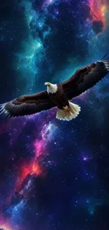 Eagle soaring through a colorful galaxy sky.