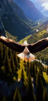 Eagle soaring over a beautiful green valley with mountains.