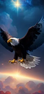 Eagle soaring against a celestial sky with vibrant clouds.