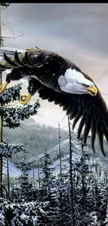 Eagle flying over a snow-covered forest landscape.