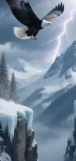 Eagle soaring over snowy mountains with lightning in the background.