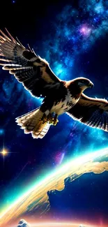 An eagle soaring above Earth with a cosmic backdrop in space.