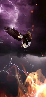 Eagle soaring through stormy skies with lightning and fire below.