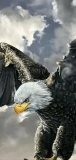 Majestic eagle with outstretched wings against cloudy sky.
