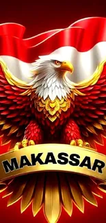 Majestic red and golden eagle with Makassar banner in vibrant colors.