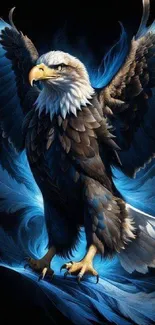 Majestic eagle with blue feathers on a sleek mobile wallpaper.