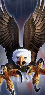 Majestic bald eagle with spread wings soaring down.