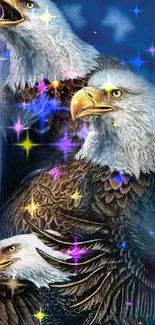 Majestic eagles soaring with American flag in background.