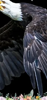 Majestic bald eagle in flight with a floral background on mobile wallpaper.