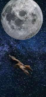 Eagle soaring under a full moon in a starry night sky mobile wallpaper.