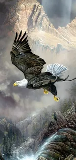 Eagle flying over misty mountainous landscape in scenic wallpaper.