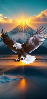 Eagle soaring over a mountain at sunrise with colorful sky.