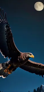 Eagle flying by moonlit sky over mountains.