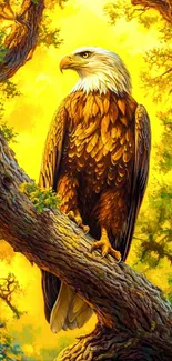Majestic eagle perched on a branch with a golden background.