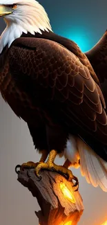 Majestic eagle on a fiery perch with vibrant background.