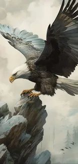 Majestic eagle perched on rocky mountain peak in detailed artwork.