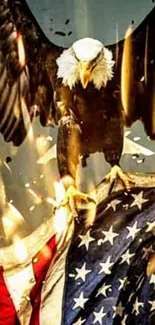 A powerful eagle clutching a tattered American flag with dynamic lighting.