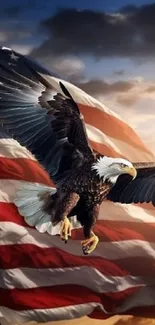 Eagle soaring with American flag backdrop.