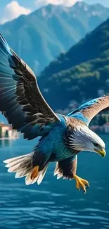Majestic eagle soaring over a blue lake with mountain backdrop.