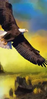 Majestic eagle soaring over a vibrant landscape with yellow sky.