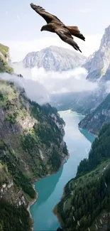 Eagle soaring over lush mountains and blue river.