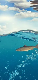 Eagle soaring above a blue ocean with clouds in the sky and fish in the water.