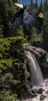 Eagle flying over a lush waterfall scene in a forest.