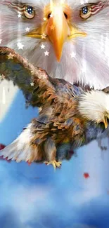 Majestic eagle with patriotic background on phone wallpaper.