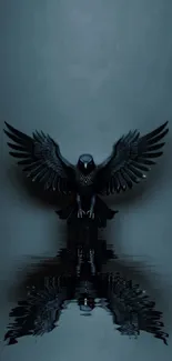 Dark raven with wings spread reflecting in water.