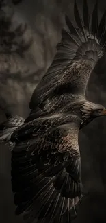 Dark, majestic eagle soaring in flight on mobile wallpaper.