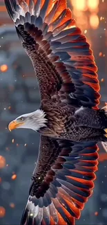 A majestic eagle soaring in a fiery sky.