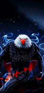 Neon eagle perched in cosmic scene with dark backdrop.