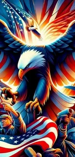 Dynamic artwork of eagle with American flag, symbolizing freedom and pride.