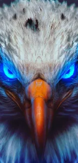 Eagle with glowing blue eyes, intense gaze.