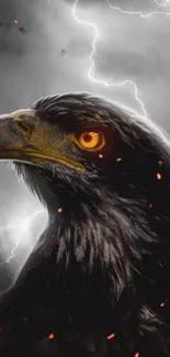 Eagle with glowing eyes and lightning background.