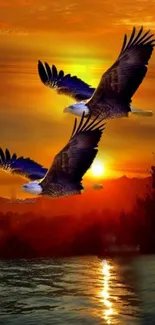 Two eagles soaring against a vibrant sunset backdrop over water.