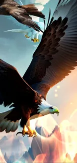 Beautiful eagles soaring over colorful sky and landscape in dynamic wallpaper.