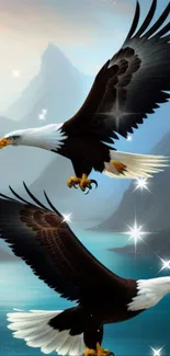 Two majestic eagles soaring over picturesque mountain lakes in a serene setting.