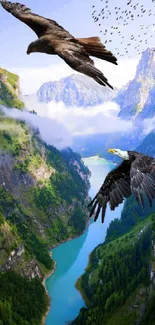 Majestic eagles soar over a lush green mountain valley with blue skies.